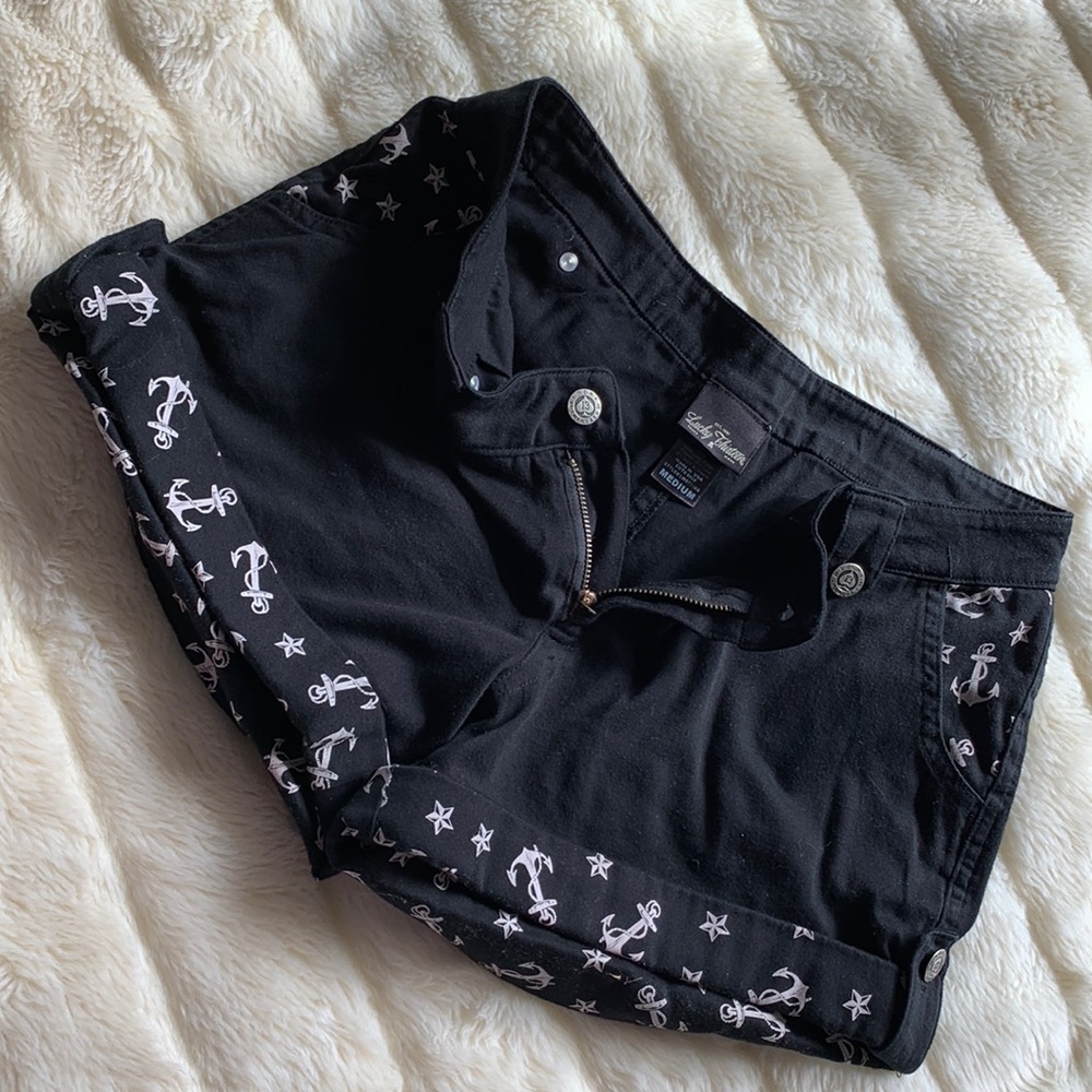 Black Anchor Print Jean Shorts